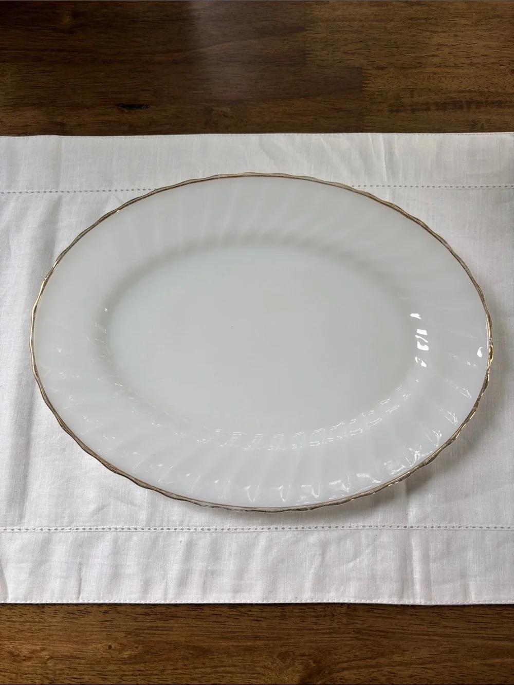Vintage Anchor Hocking Milk Glass Serving Platter with Gold Rim
